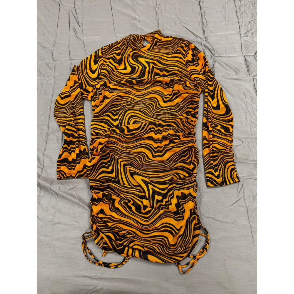 GIBIU USA Orange Black Swirl Tiger Print Mesh Ruched Mock Neck Mini Dress L